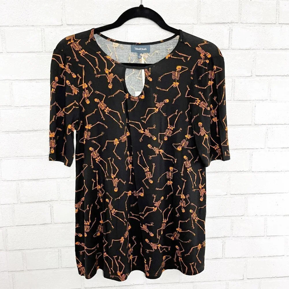 Modcloth Black & Orange Halloween Spooky Dancing Skeleton Print Tee Shirt